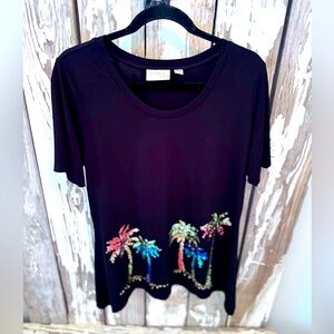 Dream Knit by Quaker Factory Palm Tree Sequin Top size  Medium Black